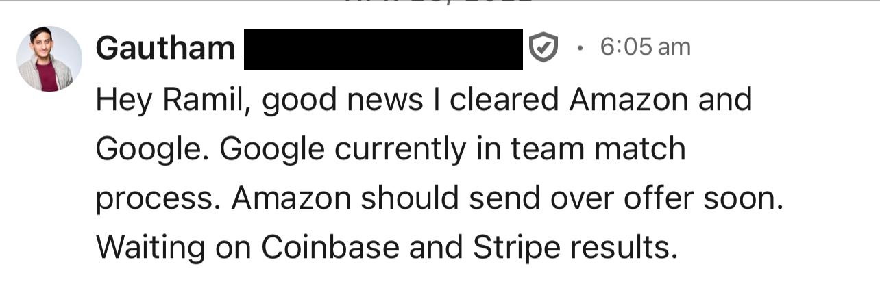 Google L5 thank you message